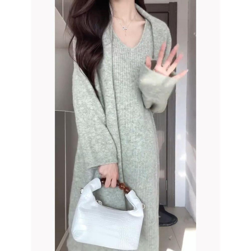年春秋新款感气质女神范长款针织毛衣外套连衣裙两件套女|undefined