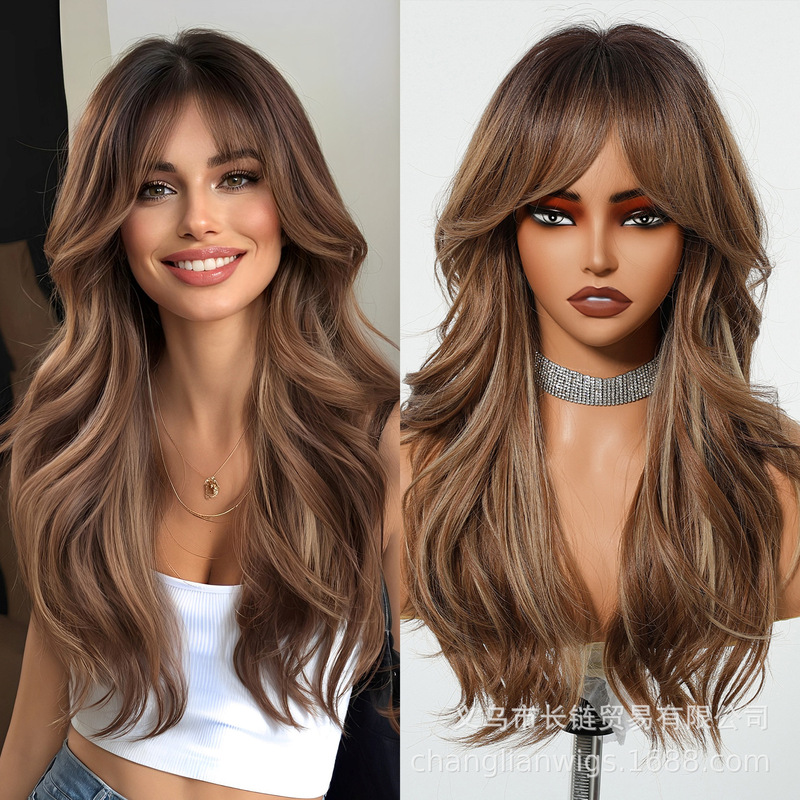 European and American Hot Brown Bang Long Curly Hair Wig Women's Daily high quality Chemical Fiber High Temperature Resistance Wig