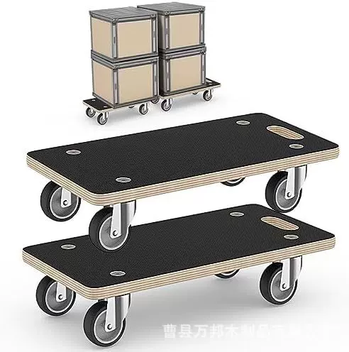 跨境木制手推车加厚木质手拉车四轮周转车静音平板车家具移动推车