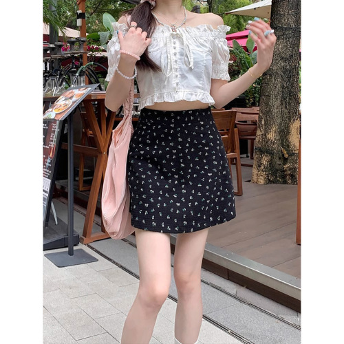 Summer Floral Half-Skirt for Petite Women, High-Waisted, Non-Slip A-Line Black Short Skirt