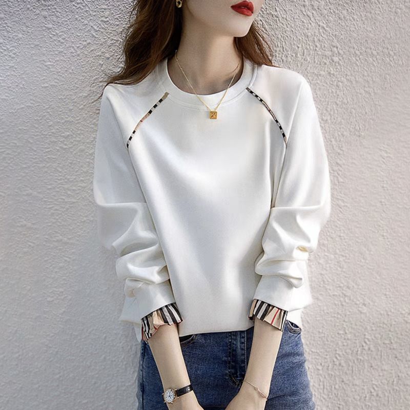 Thin Pure Cotton Sweatshirt for Women 2025 Spring & Fall Korean Style Hoodless Loose Pullover Long-Sleeved Round Neck Fake Two-Piece Top Trendy Thin Pure Cotton Sweatshirt for Women 2025 Spring & Fall Korean Style Hoodless Loose Pullover Long-Sleeved Round Neck Fake Two-Piece Top Trendy