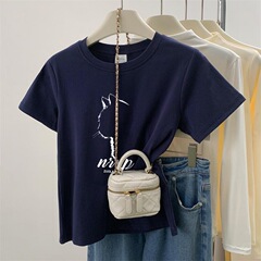 小柄な肩の半袖tシャツの女性の横顔の猫の潮のクールな丸首の弾力性のデザイン感の上着はスリムに見えます。