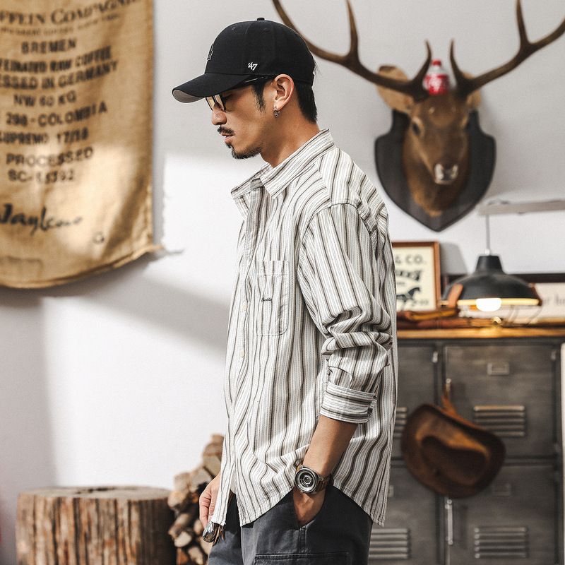 American Retro Striped Shirt Men's Long-Sleeved Spring and Autum New Relaxed Loose Casual Shirt Men's Autum Jacket
