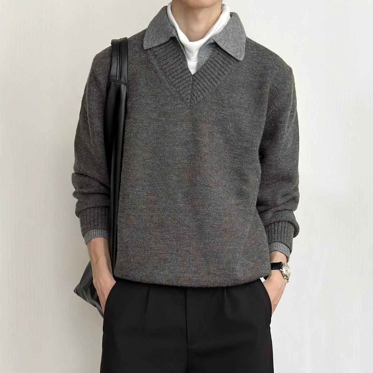 American Retro Fake Two-Piece Polo Collar Sweater for Men, Winter Turn-Down Collar Old Money Style Knit Top, Lazy Style Jacket