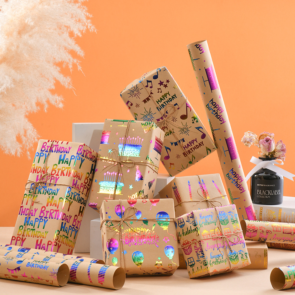 Regalo diy bronceado papel kraft cumpleaños dibujos animados niños retro caja de regalo material de papel de embalaje papel kraft amarillo rollo de papel
