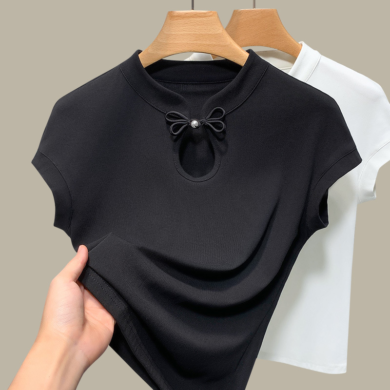 Camiseta de manga corta de cuello vertical para mujeres verano 2025 nueva camiseta de algodón de manga de color sólido de estilo chino nueva camiseta de hebilla de estilo chino