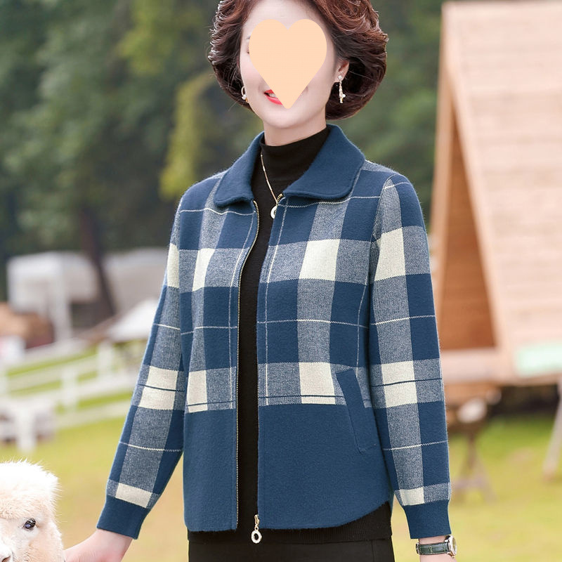 媽媽秋裝外套短款中年女裝秋冬新款格子上衣中老年人春秋時尚開衫