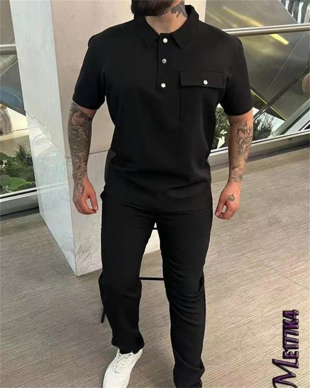 春秋款欧码跨境纯色男士短袖Polo衫+长裤潮流休闲运动套装|undefined