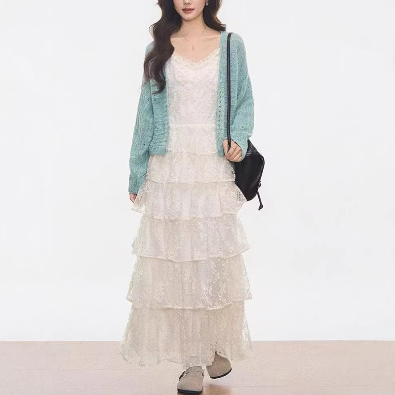 [New] Westayo Mint Green Sweater Cardigan + Lace Cake Suspender Dress for Women Spring and Summer New