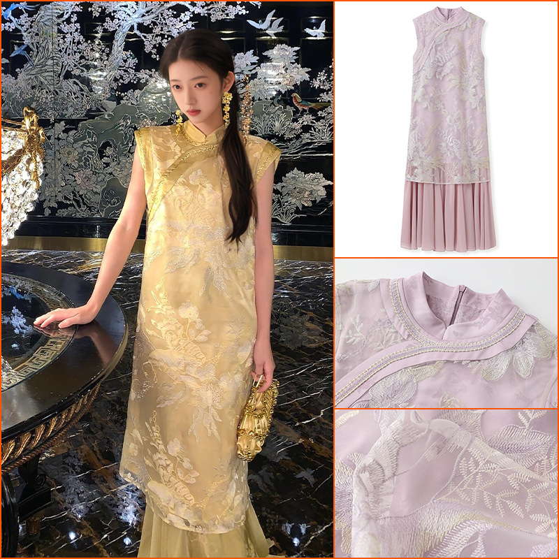 Summer Classy New Chinoiserie Rich Elegant Cheongsam Dress Women's National Style Fashion Embroider Print Dress N6040