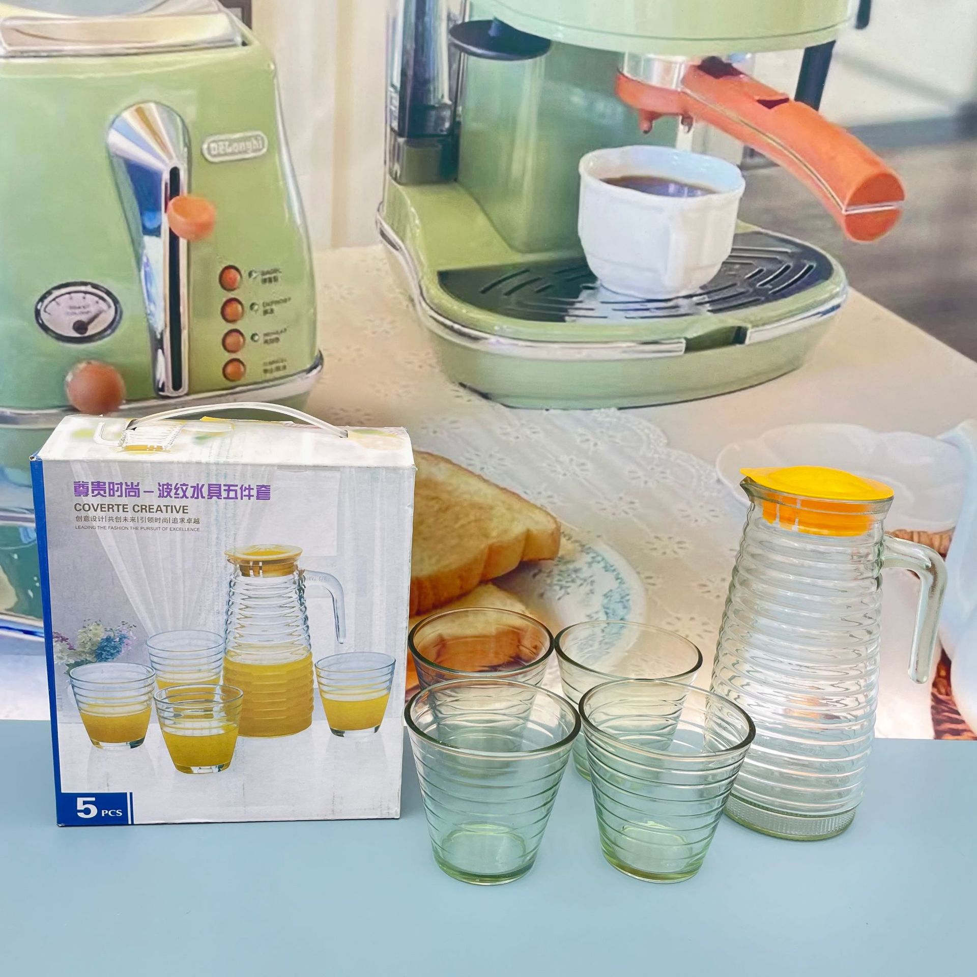 波纹饮用水具五件套冷水壶横纹壶玻璃杯八角壶家用套装壶活动礼品