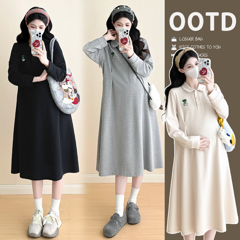 Maternity Dress with a Light Luxury and High-End Feel, Spring and Autumn Polo Collar, Loose Embroidered Petite Dress, Trendy New Style for Moms