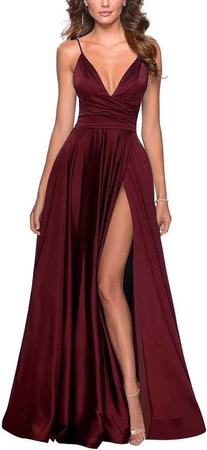Elegante vestido de fiesta largo con cuello en V dividido, plisado de dama de honor de gasa larga, vestido formal, vestido de noche de satén
