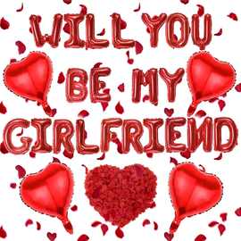 红色字母WILL YOU BE MY GIRLFRIEND爱心花瓣组合气球情人节派对