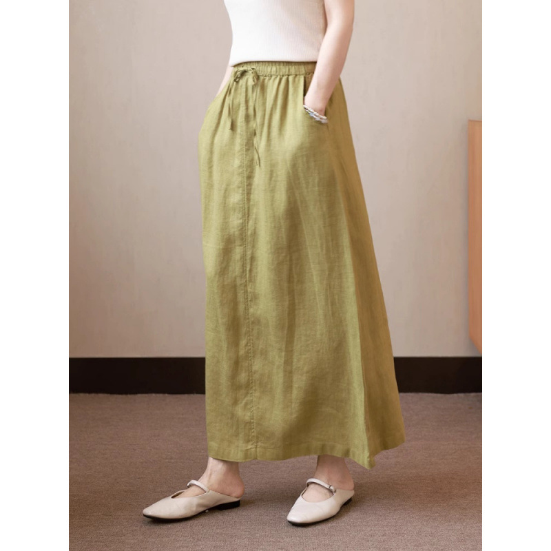 Old Money Style Linen Skirt for Women, Summer Thin Mid-Length Elastic Waist Tie A-Line Skirt, High-Waisted Straight Skirt