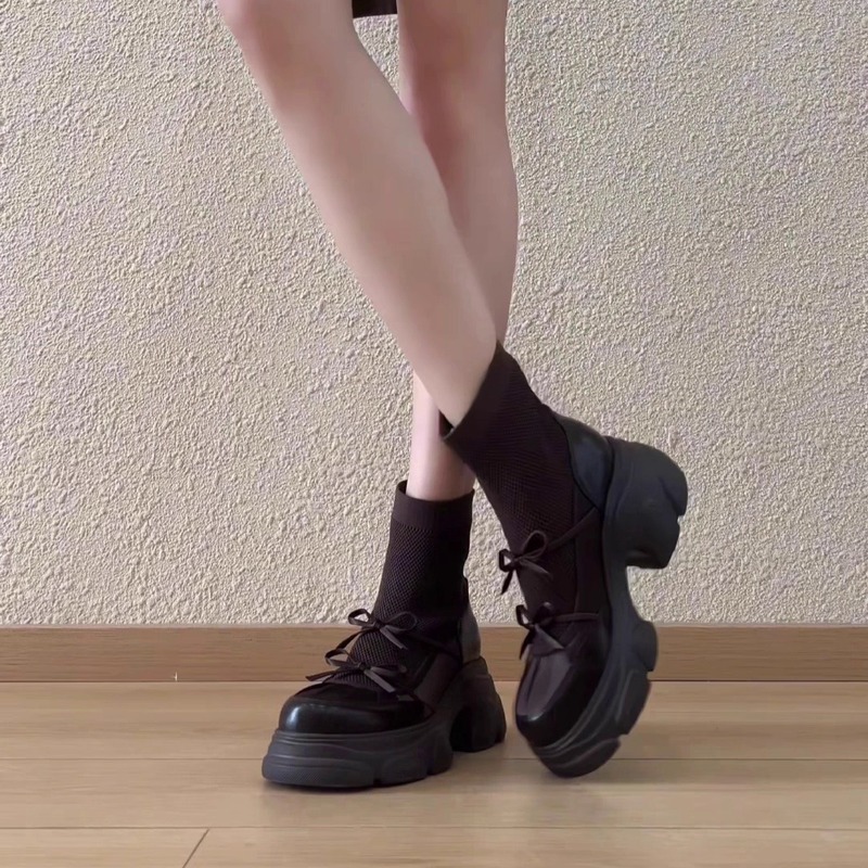 羊皮版~2025新款复古风方头厚底弹力靴女款浅口单鞋松紧带马丁靴|undefined