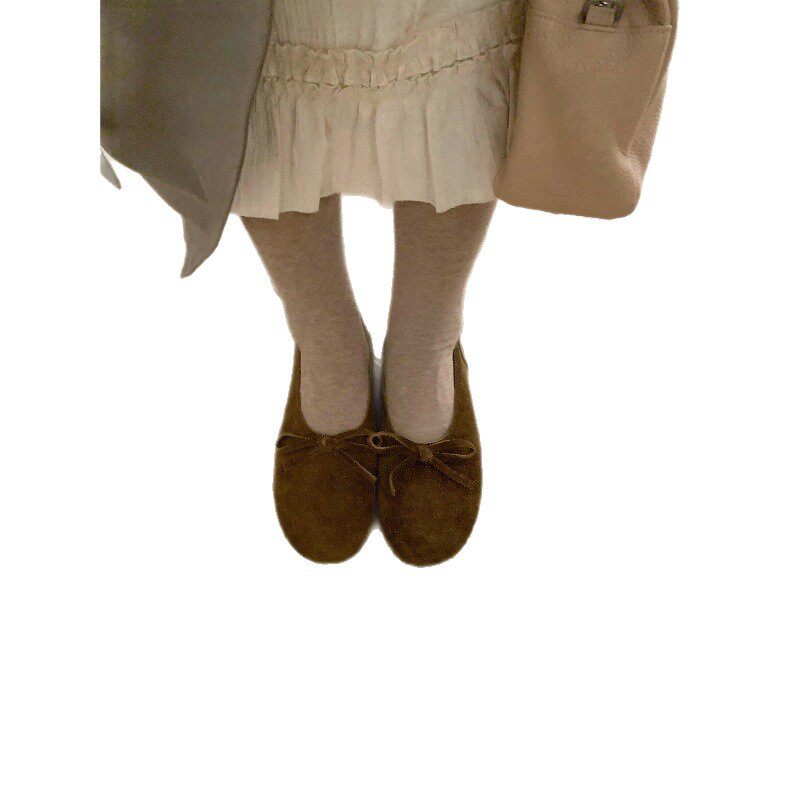 Giày búp bê nữ da mềm cổ thấp thắt nơ kiểu ballet, gót thấp dưới 3 cm, xỏ chân tiện lợi — Màu nâu trà