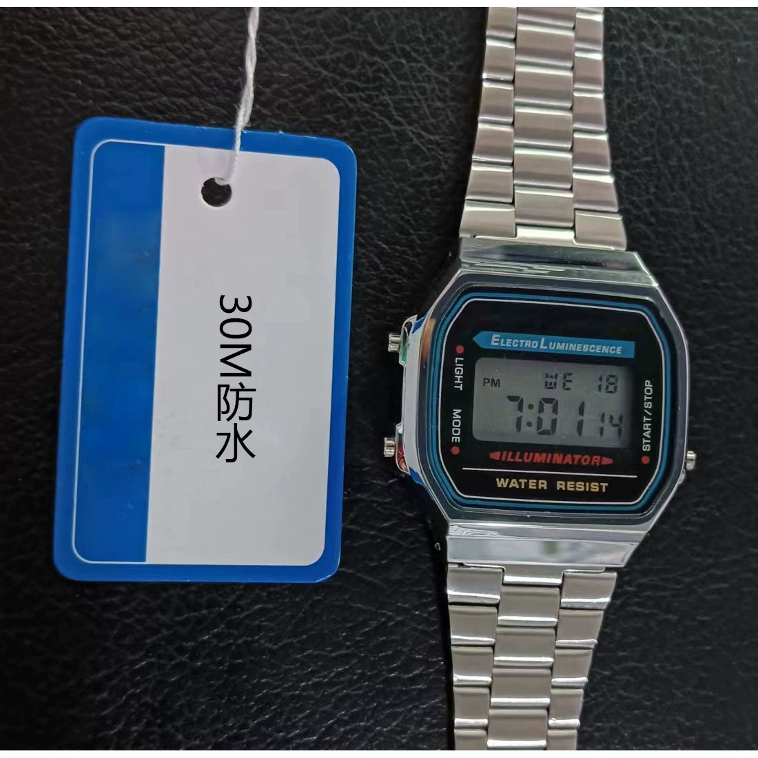  retro Digital Watch 159W, унисекс, 30 м водостойкость, металлический ремешок