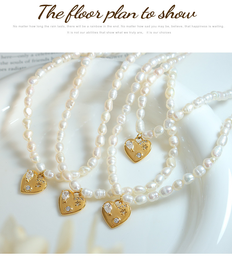 Retro Heart Shape Brass Inlay Artificial Pearls Zircon Pendant Necklace 1 Piece