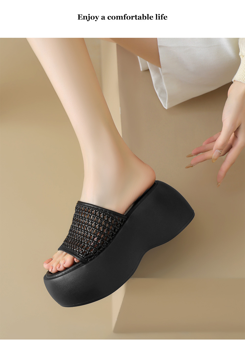 Dép sandal nữ quai chữ V đế xuồng cao, đan rỗng đi biển mùa hè — Màu đen, Màu vàng, Màu bạc chi tiết 13