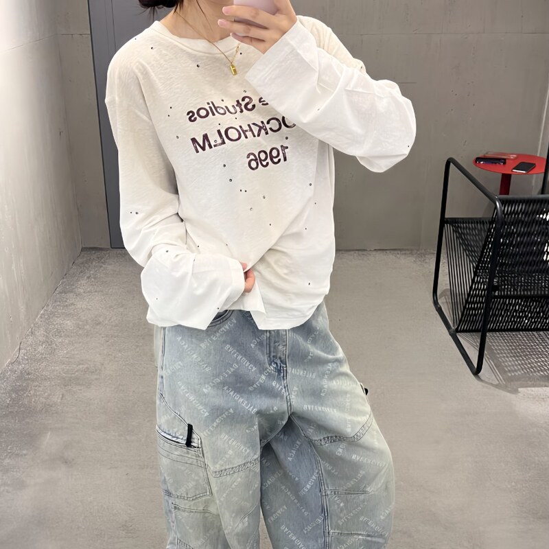 Ac Style 25Ss Spring & Fall Hot Diamond Couple Style 1996 Printed Distressed Long-Sleeved Round Neck Loose T-Shirt Top for Women