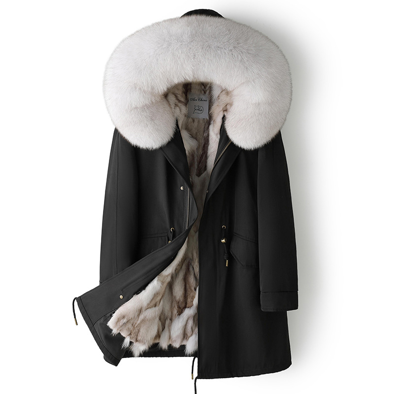 중간 길이의 블랙 쉘 천연 여우 모피 라이너