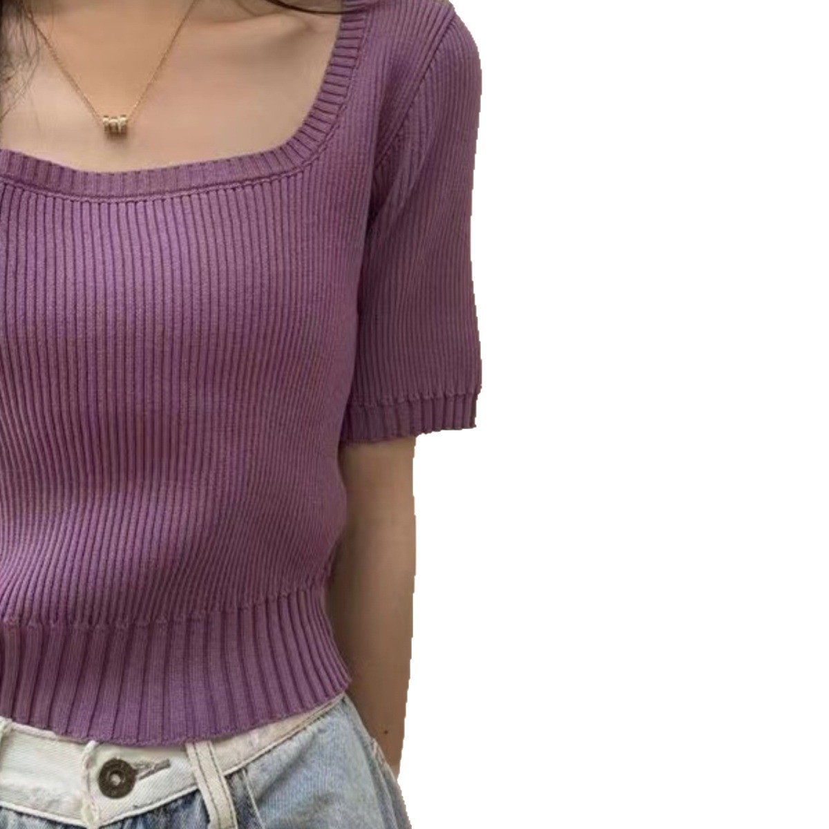 Women's short-sleeved square neck top, 2023 new spring/summer style, ice silk knitwear, thin, slim fit, trendy.