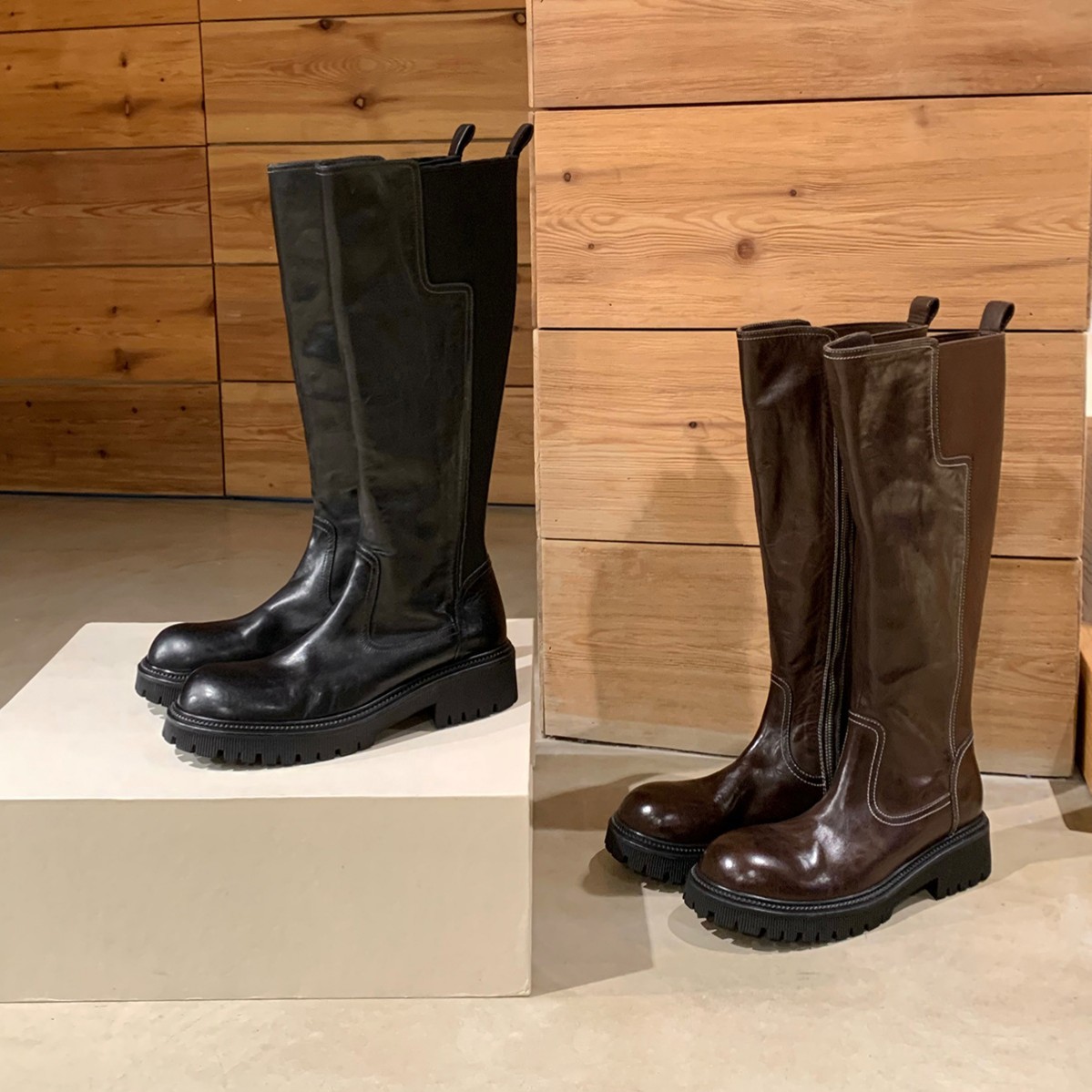 牛皮版~ 不过膝长筒靴女2025新款秋棕色马丁靴时尚洋气厚底西部靴