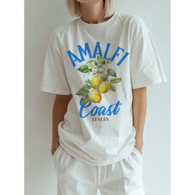 跨境外贸热卖夏季新款波西塔诺水果柠檬绿茶印花圆领休闲短袖T恤