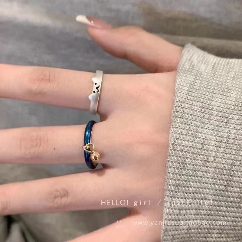 Cartoon Katzenklingel Ring Set Damen Elegante Niche Glasur Schmuck_voghion.com