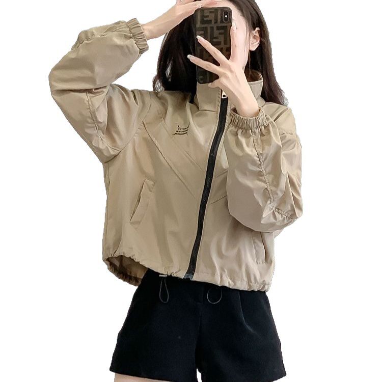 Áo khoác nữ dáng ngắn chiết eo cổ đứng khóa kéo phong cách casual — Màu lúa mì, Màu trắng ngà, màu đen