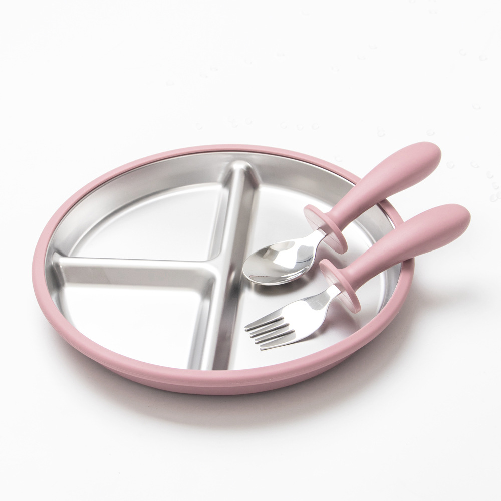 Pink dinner plate + round handle fork and spoon