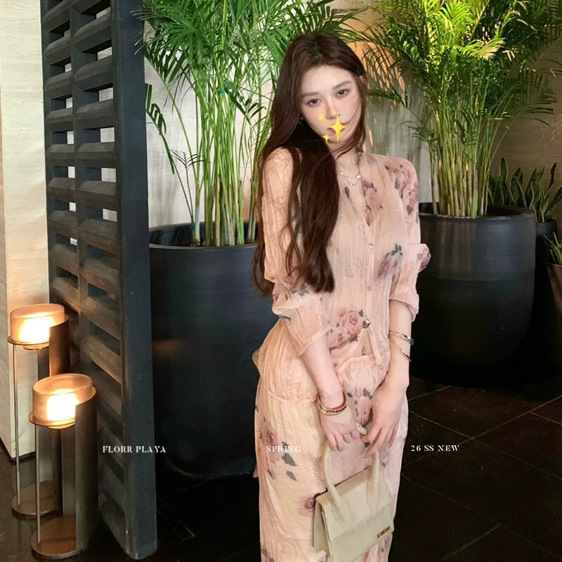 Rose Whisper Pink French Print Shirt for Women, Spring/Summer Thin Crinkled Texture Skirt Set