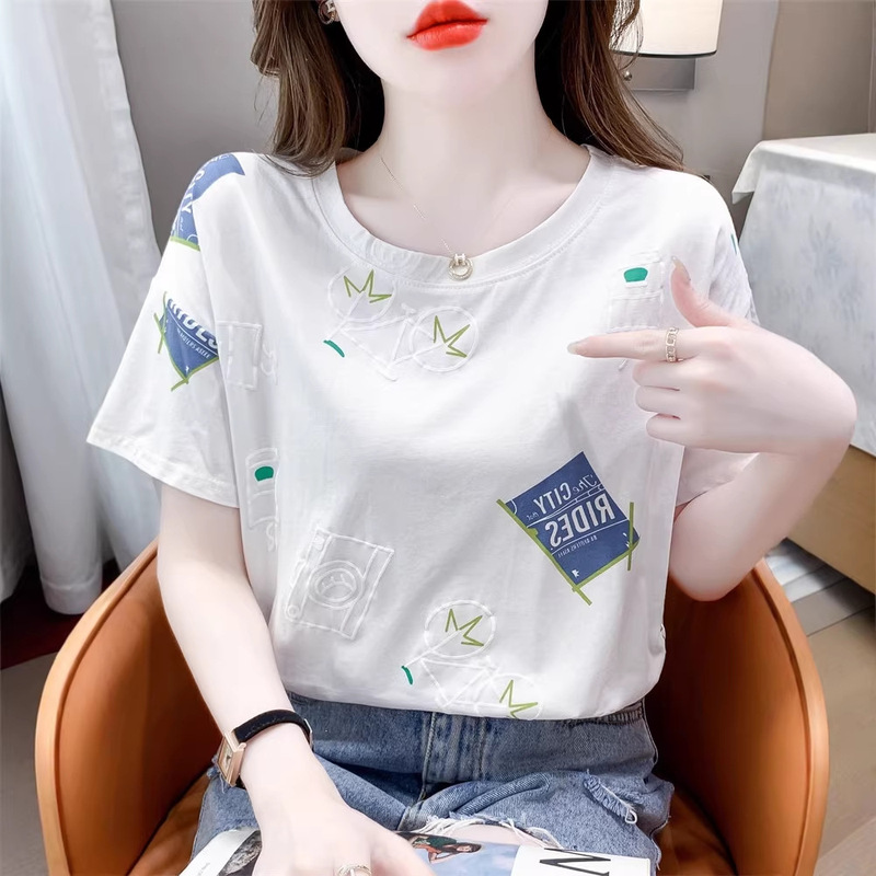 White Short-Sleeved T-Shirt for Women, New Summer Style, Versatile Loose-Fitting Printed Design, Fashionable and Stylish Top White Short-Sleeved T-Shirt for Women, New Summer Style, Versatile Loose-Fitting Printed Design, Fashionable and Stylish Top