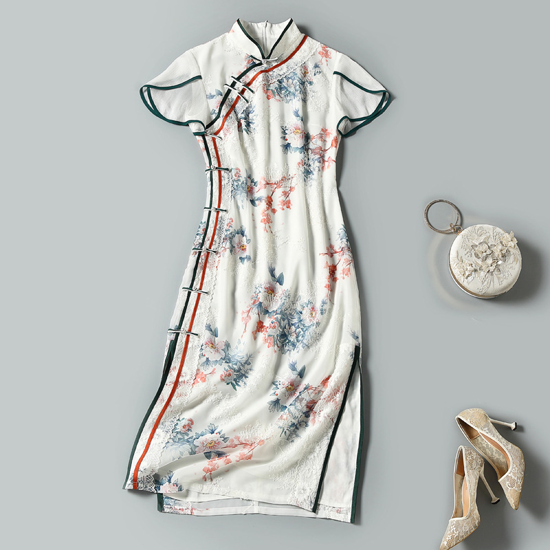 2021新款夏季短袖花苞袖雪紡印花刺繡改良旗袍裙修身立領撞色滾邊