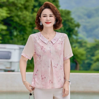 妈妈中老年夏装短袖T恤薄款夏季时尚洋气小衫遮肉上衣新款女装