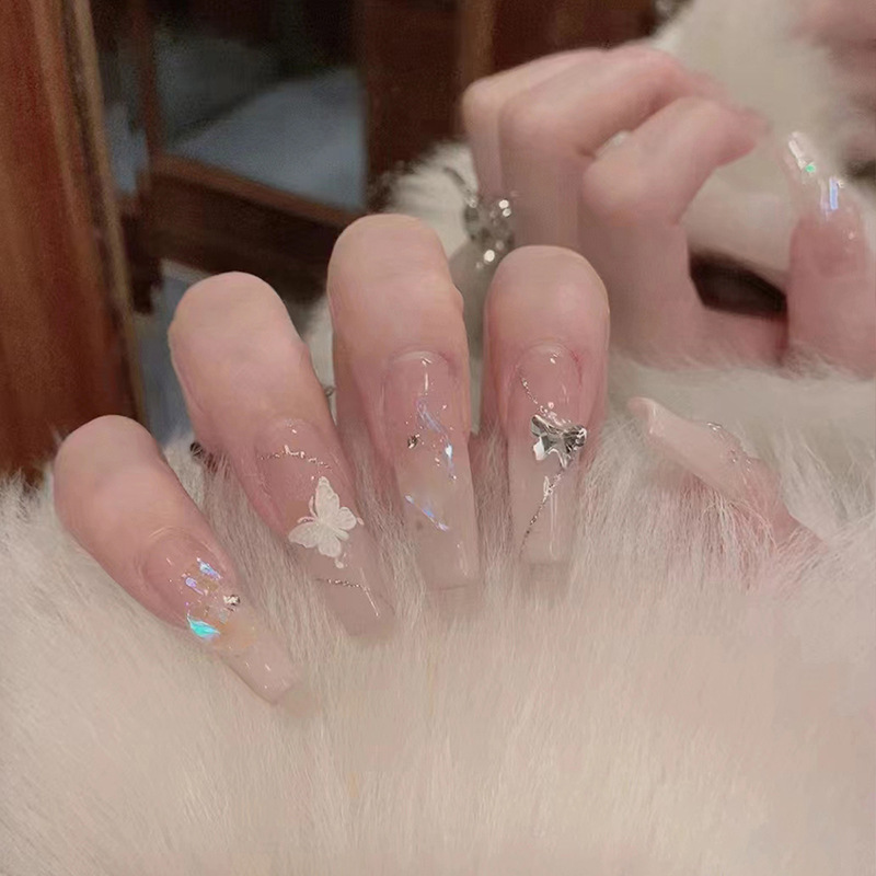 Net red explosions ice through three-dimensional Aurora butterfly diamond flash fairy bride nail nail fake nail stickers finished wholesale