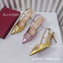 凉鞋女2025春夏新款真皮包头后绑带高跟鞋尖头细跟水钻扣浅口单鞋