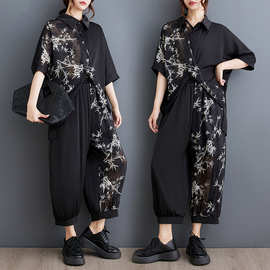 2025夏季新款宽松文艺竹子印花交叉不规则衬衫阔腿裤两件套