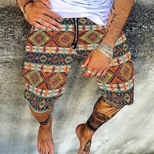 Classic Retro Tribal Geometric Totem 3D Print Men's Summer Casual Versatile Loose Beach Shorts
