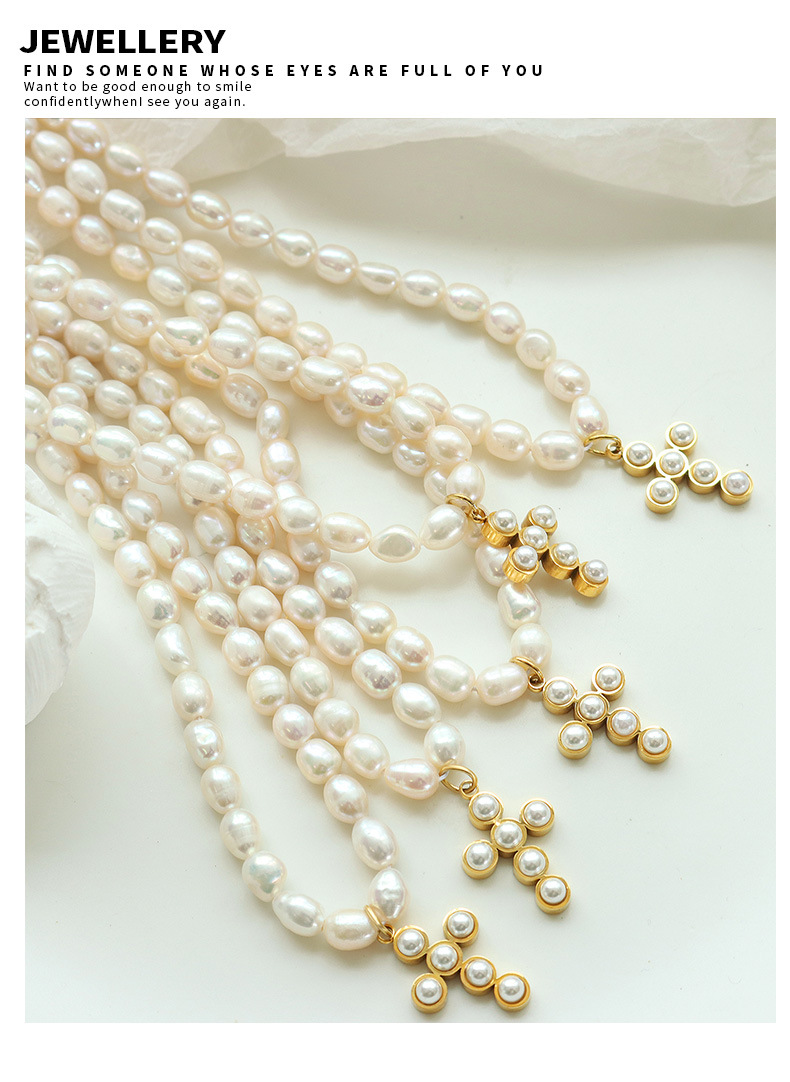 Elegant Cross Pearl Titanium Steel Plating Artificial Pearls Pendant Necklace