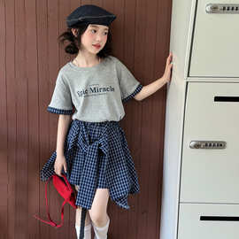 女童夏装时尚休闲韩系甜酷格子裙裤套装中大童夏季拼接短袖两件套