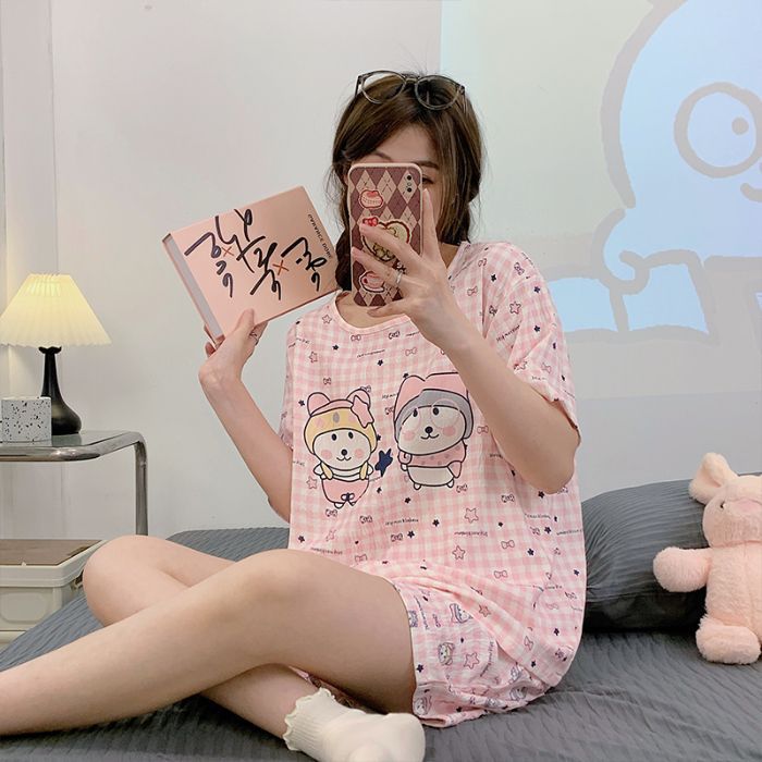 Venta al por mayor transfronteriza de pantalones cortos de manga corta pijamas mujeres nubes algodón verano nuevo estudiante dulce dibujos animados traje de servicio a domicilio oso