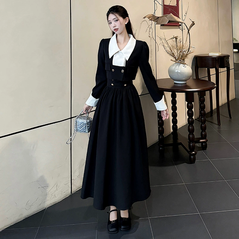 Демисезонный ретро комплект платье (Chanel style), чёрный с контрастным воротником и манжетами, высокое качество