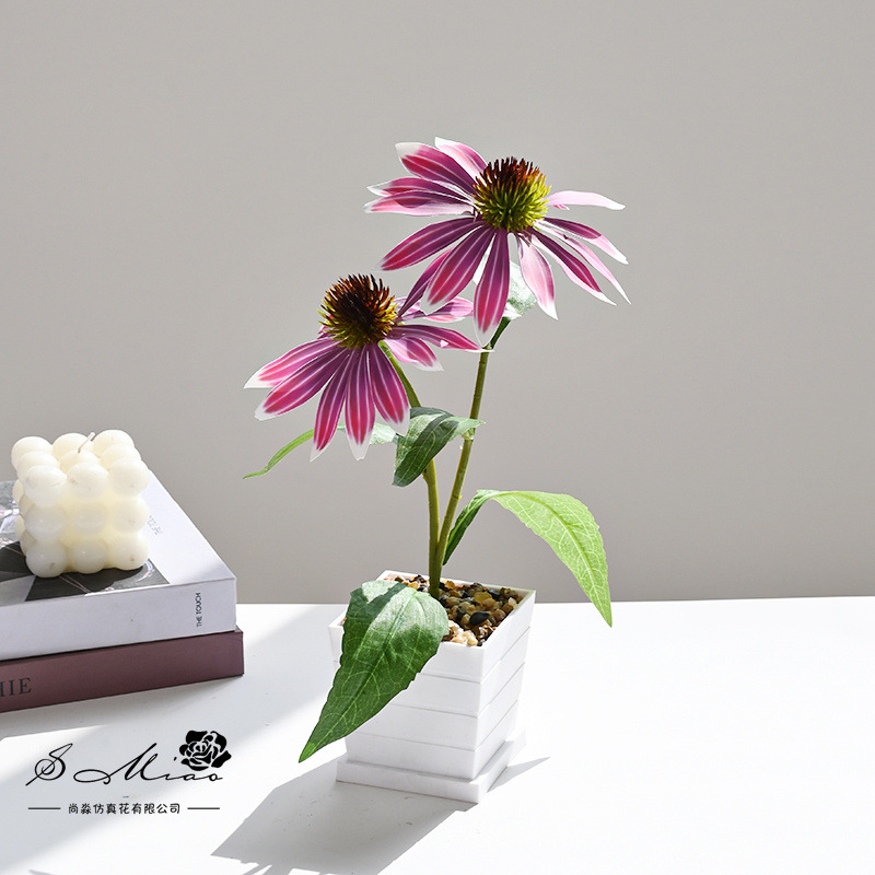 Nuevo estilo transfronterizo de dos cabezas de equinácea pequeño bonsái decoración de estudio fotográfico de hogar creativo decoración de planta verde artificial simulación en maceta image 9