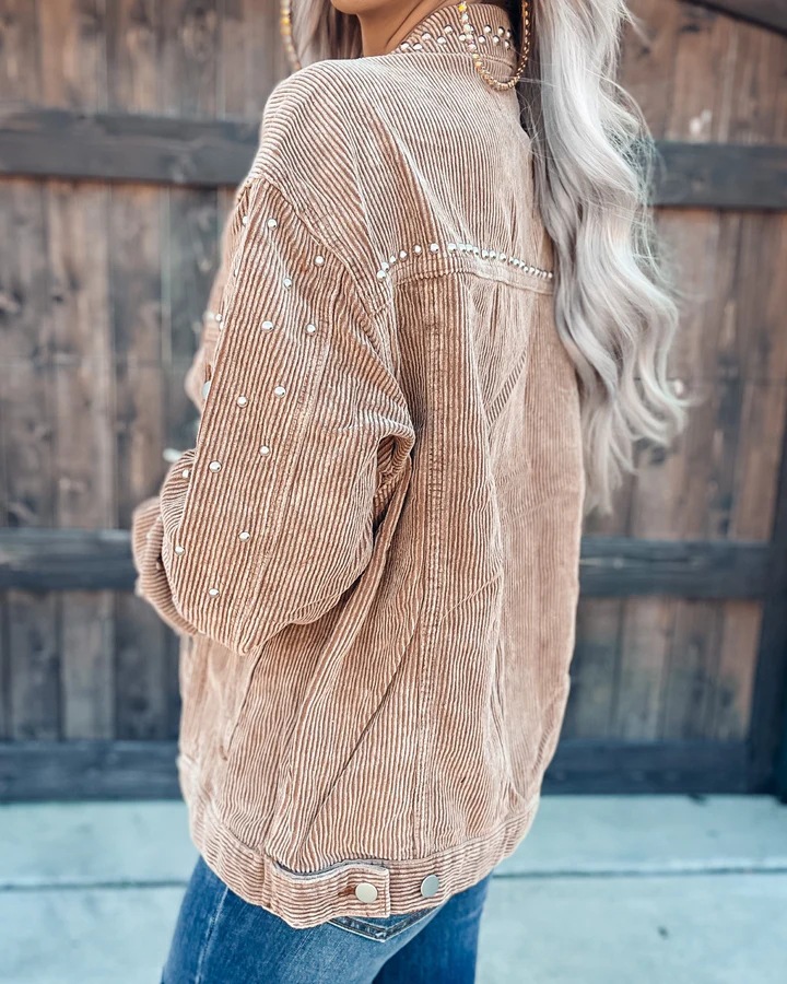 Women's Clothing 2024 early autumn new style casual fashion corduroy rivet long sleeved jacket_voghion.com