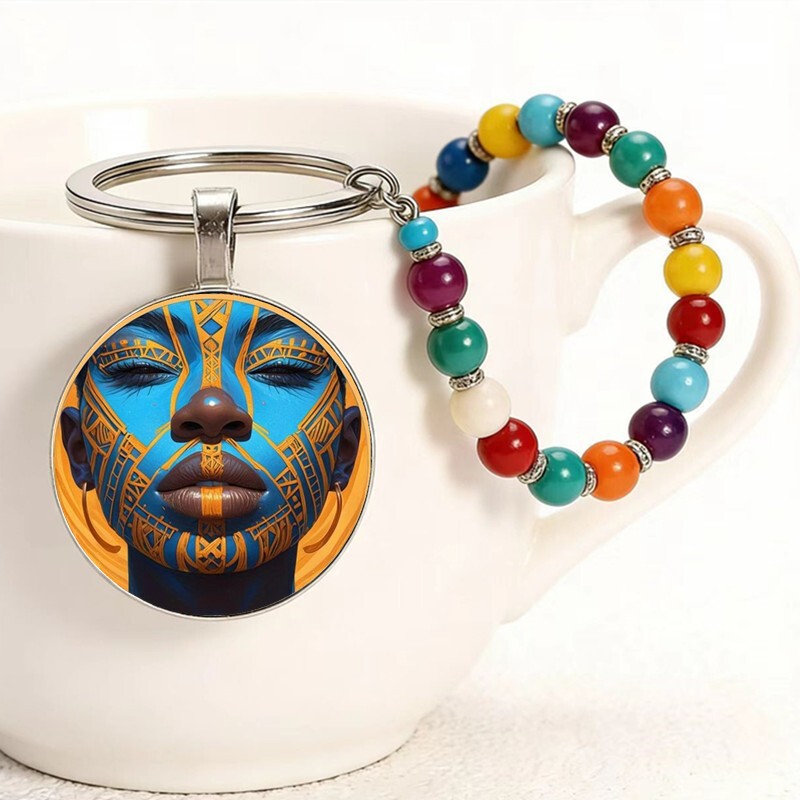 Fashionable and Popular Foreign Trade Product: Creative Ethnic Style Face-Painting Pattern Round Glass Keychain, Exquisite Cross-Border Accessory