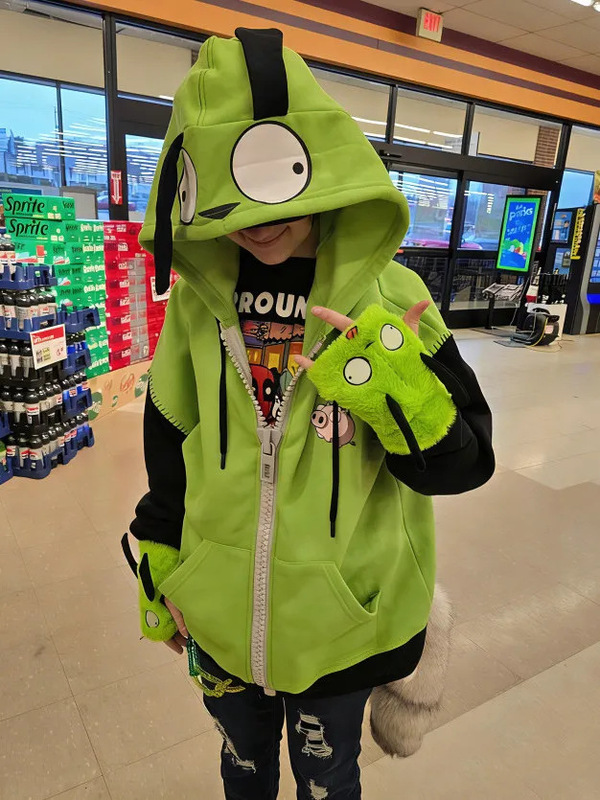 Foreign Trade Alien-Themed Dog Thin Green and Black Color-Blocking Large Zipper Pig Alien Print Hooded Sweatshirt Jacket