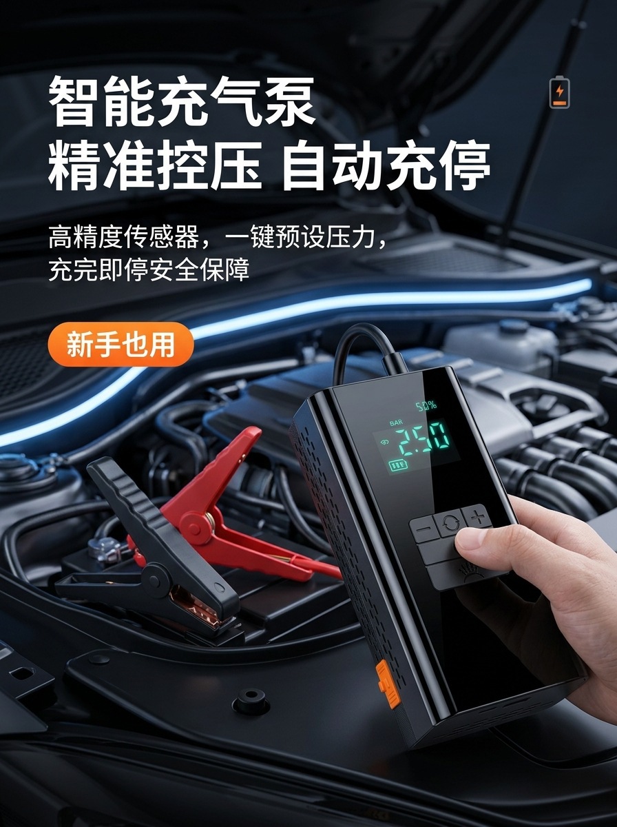 Car emergency starting power supply, vehicle-mounted air pump, battery jump starter, large-capacity tire inflator, fully certified for cross-border use