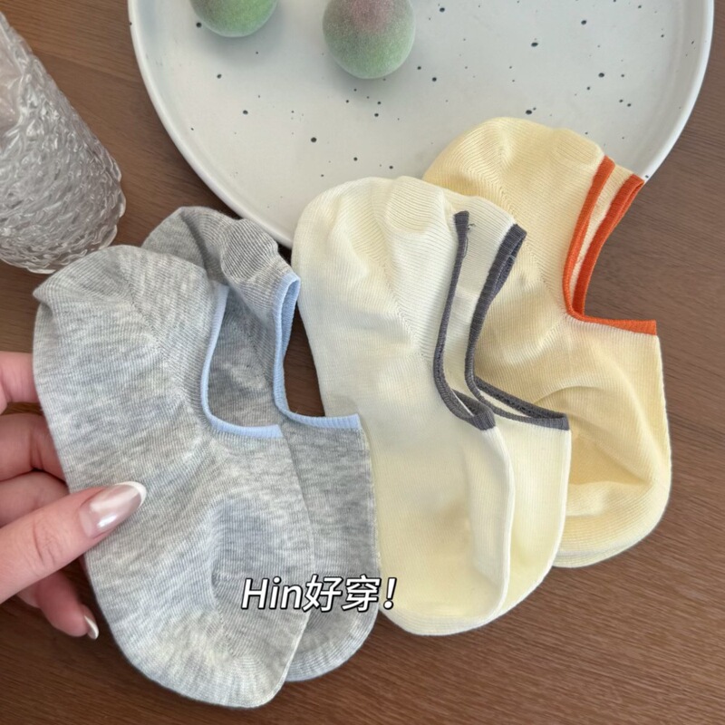 Socks Women's Contrast Color Boat Socks Shallow Mouth Invisible Socks Non-slip Heel Ins Summer Thin Pure Cotton Boneless Invisible Socks